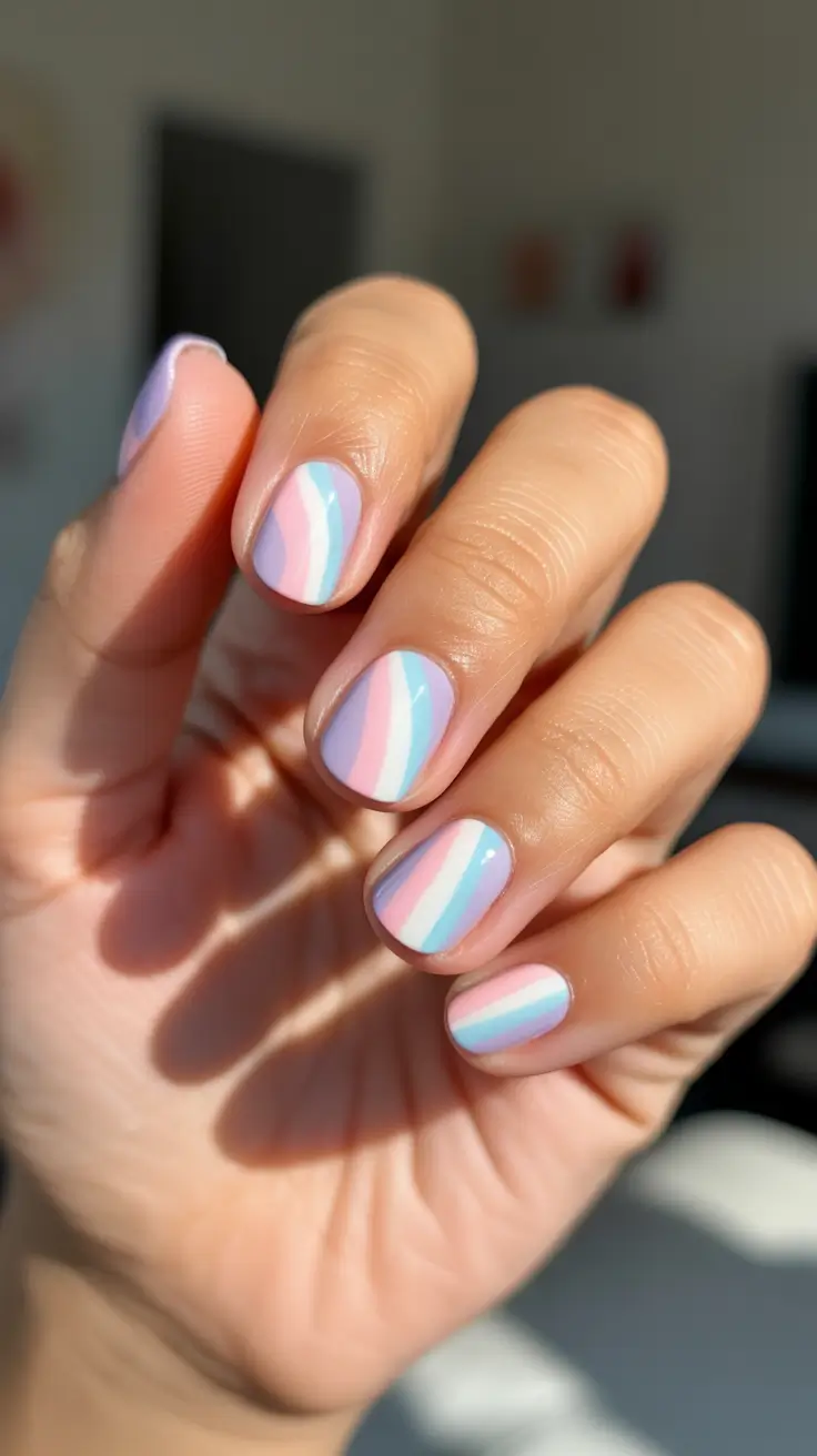 Short Spring Nails + Pastel Ribbon Stripes With A Soft Gloss Finish