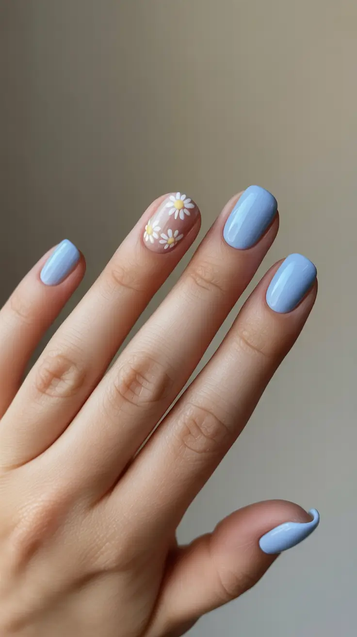 Short Spring Nails + Periwinkle Blue With Tiny Daisy Accent