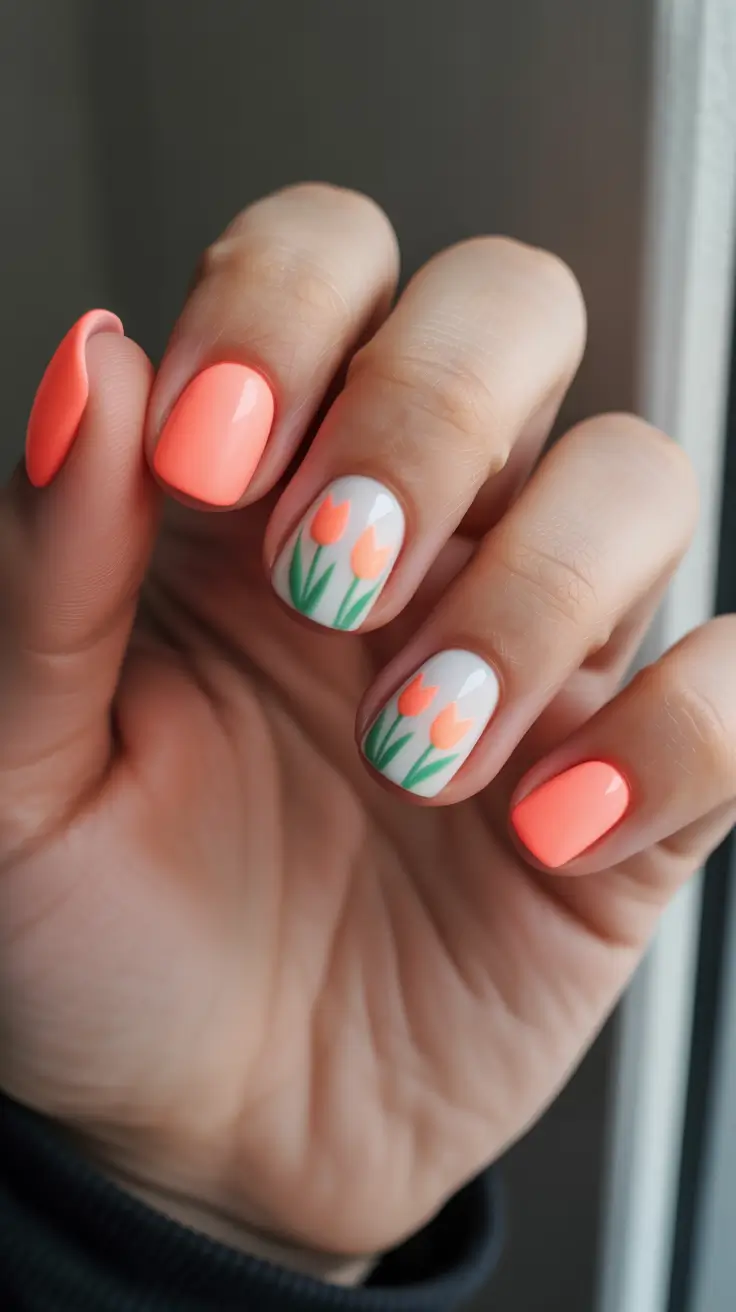 Short Spring Nails + Neon Coral Tulips On A Clean White Base