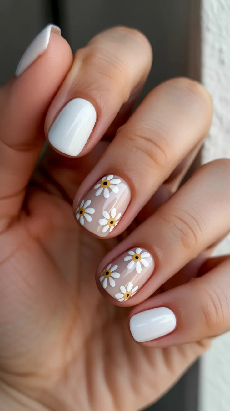 Short Spring Nails + Milky Nude Daisies With Crisp White Nails