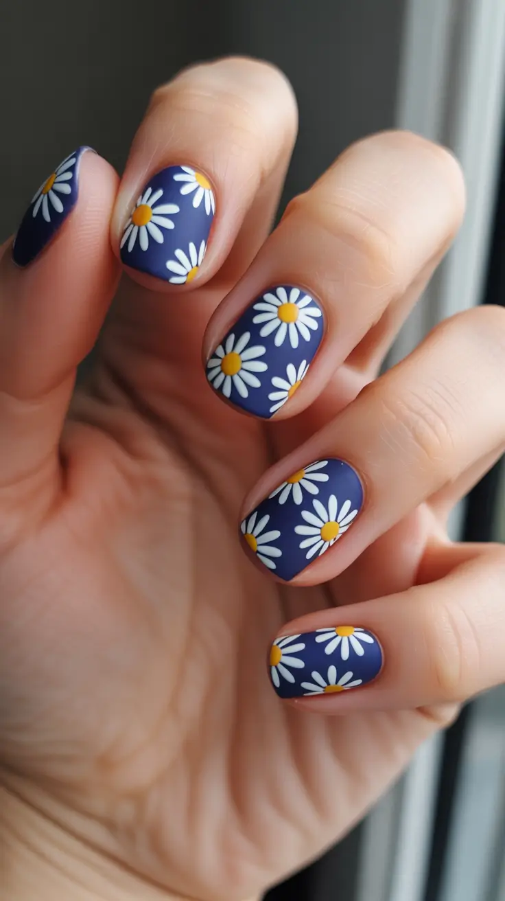 Short Spring Nails + Navy Daisy Print That Feels Bold But Sweet
