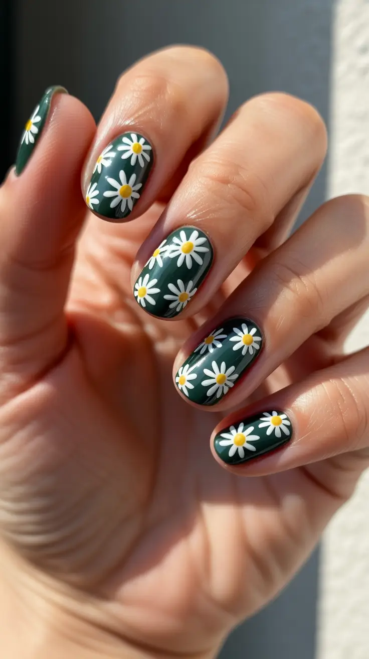 Short Spring Nails + Forest Green Daisies With A Chic Vintage Mood