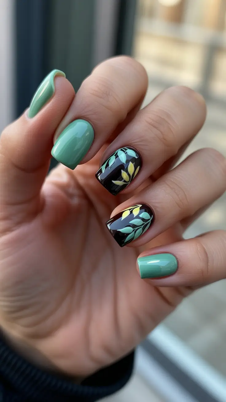 Short Spring Nails + Mint Green With Black Botanical Accent Squares