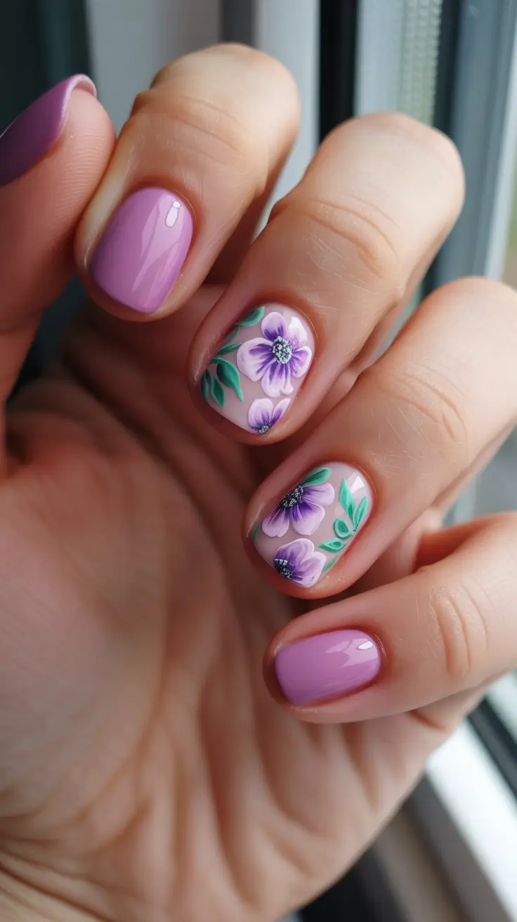 Short Spring Nails - Lavender Florals With A Glossy Pop