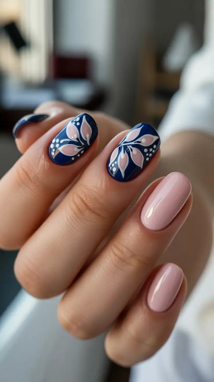 Short Spring Nails + Navy Blossom Accents With Blush Minimal Base