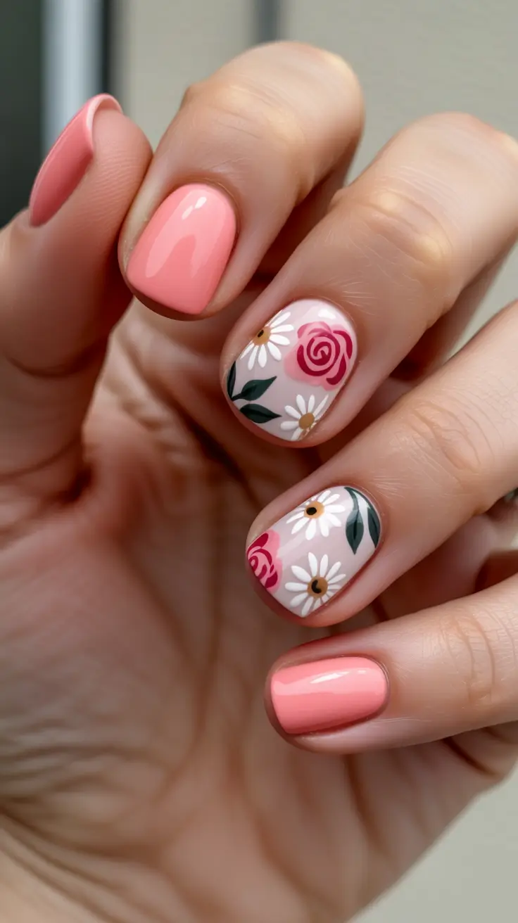 Short Spring Nails - Coral Pink With Daisy And Rose Details