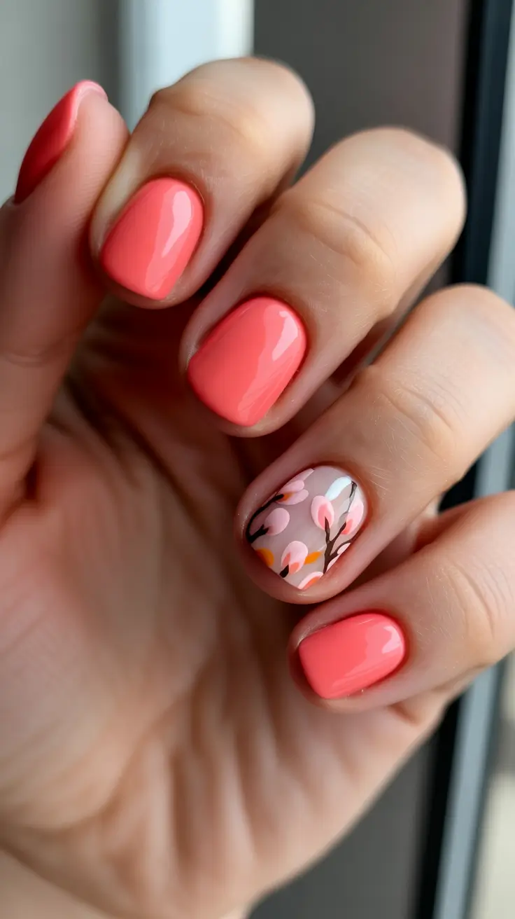 Short Spring Nails - Bright Coral With A Soft Blossom Branch