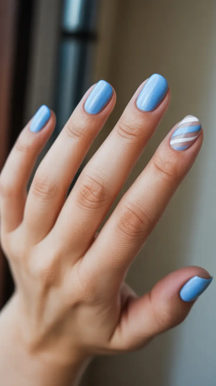 Short Spring Nails - Sky Blue Stripes For A Clean Spring Reset