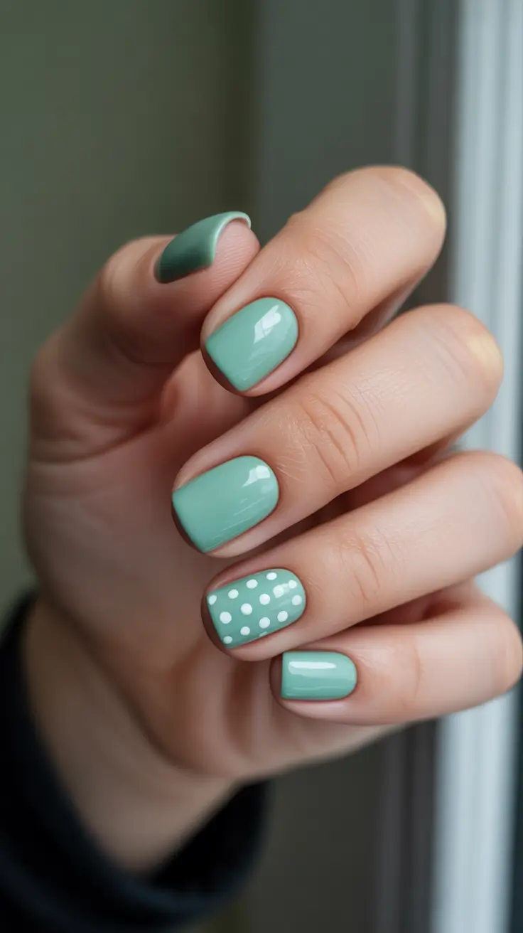 Short Spring Nails + Mint Gel With Polka Dot Accent