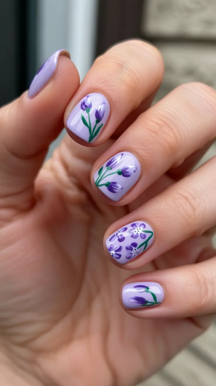 Short Spring Nails + Lavender Tulip Mini Art On Short Nails