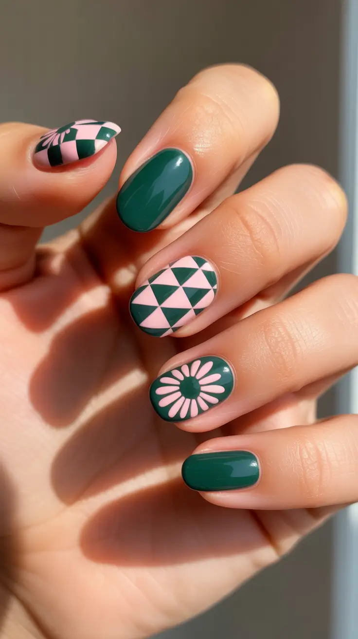 Short Spring Nails + Deep Green And Pink Graphic Statement