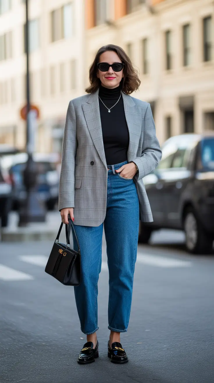 casual spring blazer outfits 2026 Polished Minimalism With A Plaid Blazer And Loafers