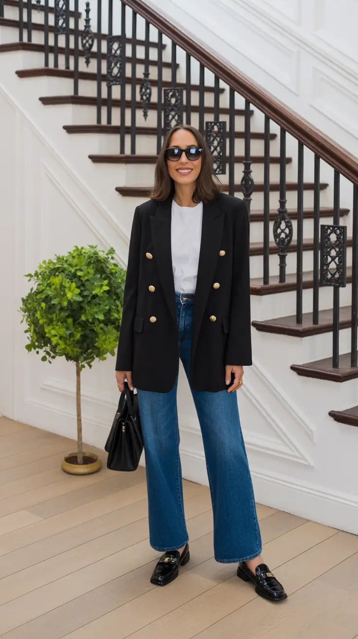 casual spring blazer outfits 2026 Black Double Breasted Blazer With Gold Buttons And Loafers