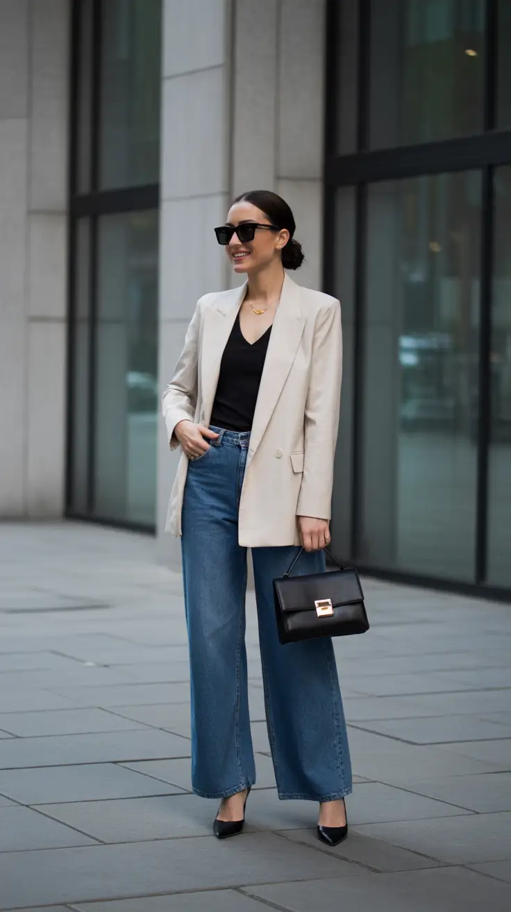 casual spring blazer outfits 2026 Cream Blazer With Black Top And Wide-Leg Denim
