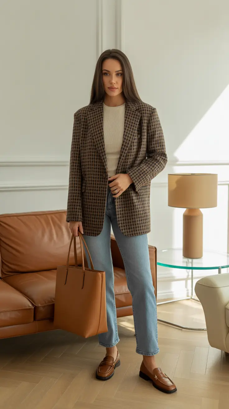 casual spring blazer outfits 2026 Houndstooth Blazer With Loafers And A Tan Tote