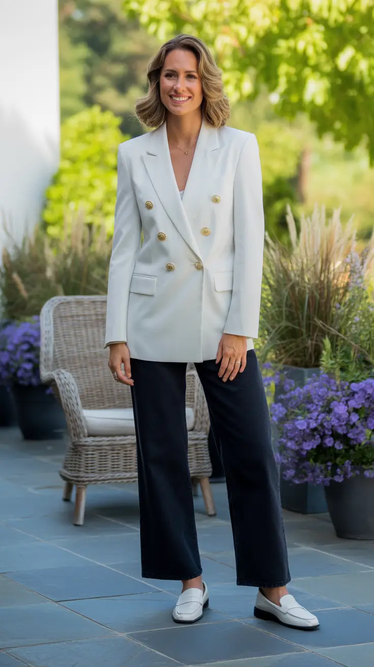 casual spring blazer outfits 2026 White Double-Breasted Blazer With Gold Buttons And Black Pants