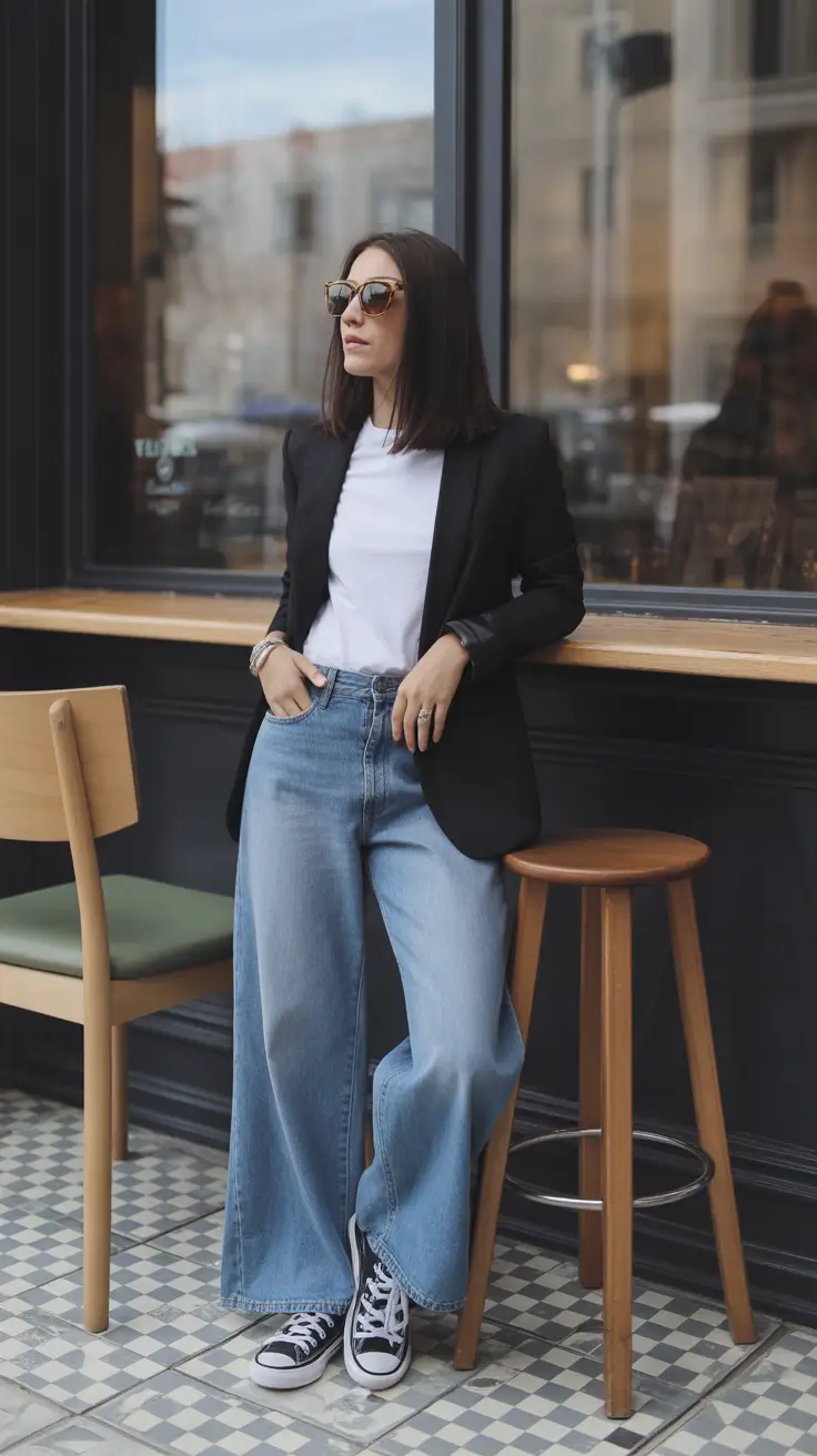 casual spring blazer outfits 2026 Black Blazer And Converse With Wide Leg Denim