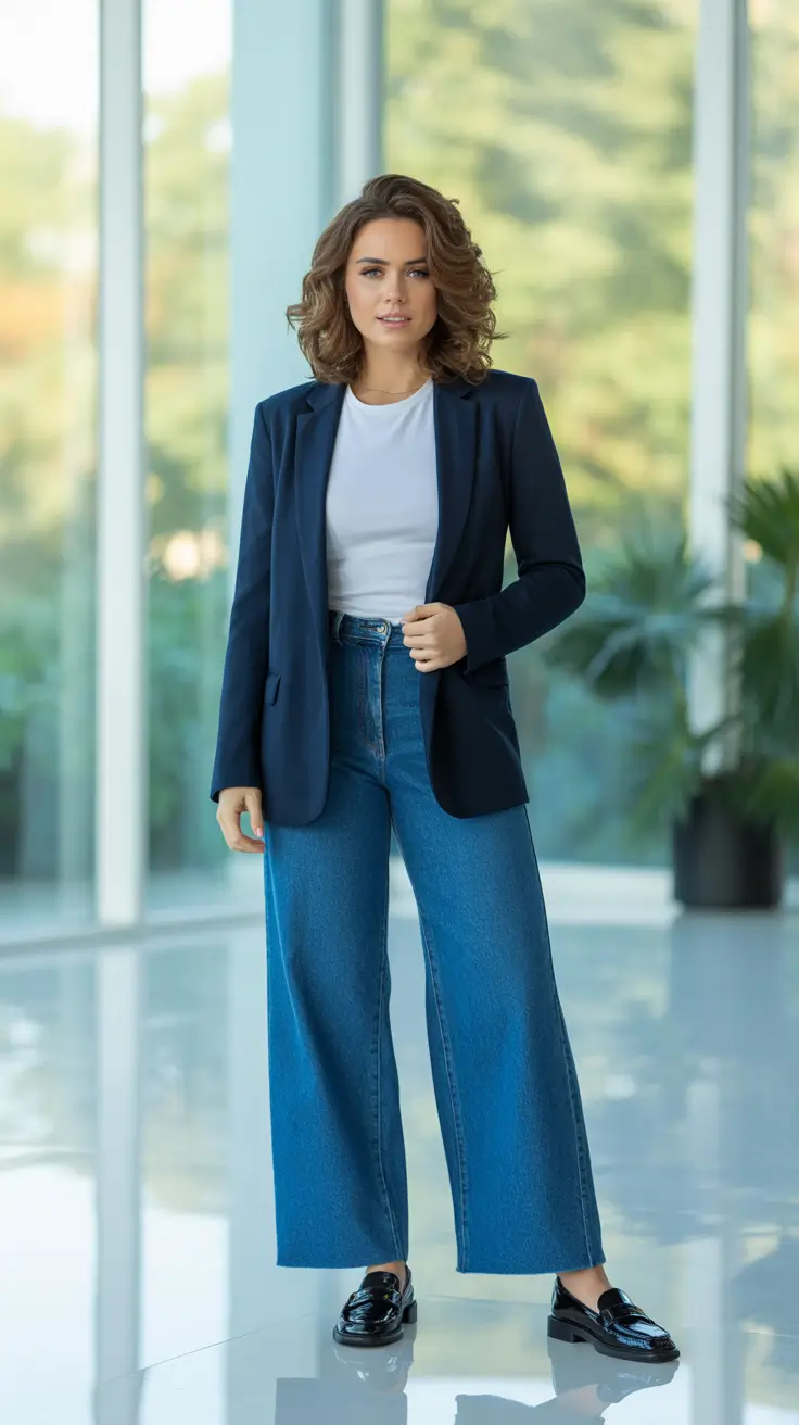 casual spring blazer outfits 2026 Navy Blazer With Dark Wide Leg Jeans And Loafers
