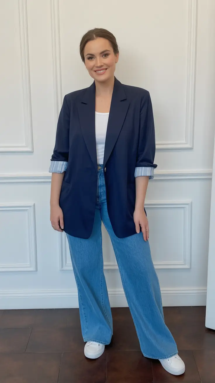 casual spring blazer outfits 2026 Relaxed Navy Blazer With Sneakers And Wide Denim