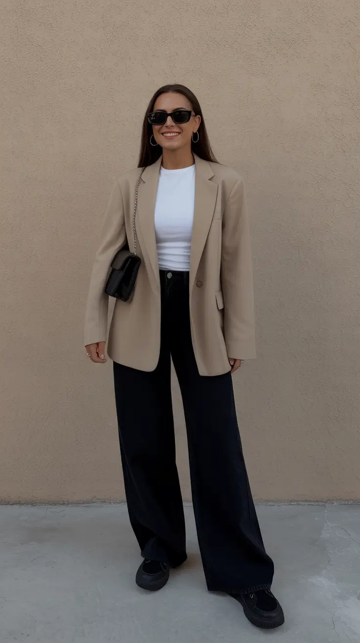 casual spring blazer outfits 2026 Beige Blazer With White Tee And Black Wide Leg Pants