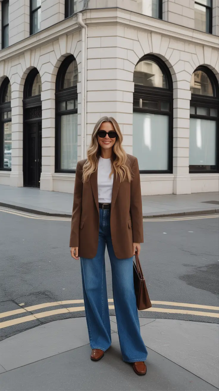 casual spring blazer outfits 2026 City Classic With A Chocolate Blazer And Dark Wide Denim