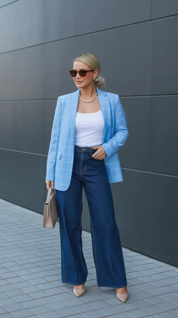 casual spring blazer outfits 2026 Blue Blazer Energy With Pearls And A Modern Wide Leg