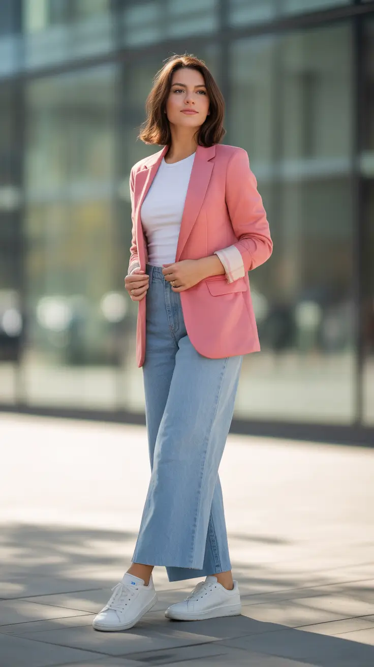 casual spring blazer outfits 2026 Pink Blazer With Wide Leg Jeans And Sneakers