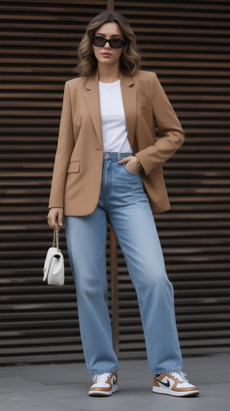 casual spring blazer outfits 2026 Tan Blazer With Straight Leg Denim And Sporty Sneakers