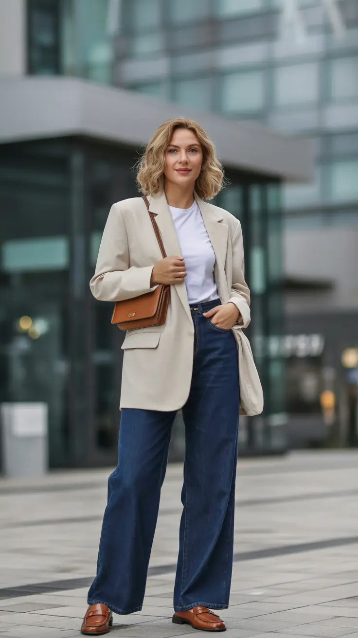 casual spring blazer outfits 2026 Creamy Neutral Blazer With Dark Denim And Polished Loafers