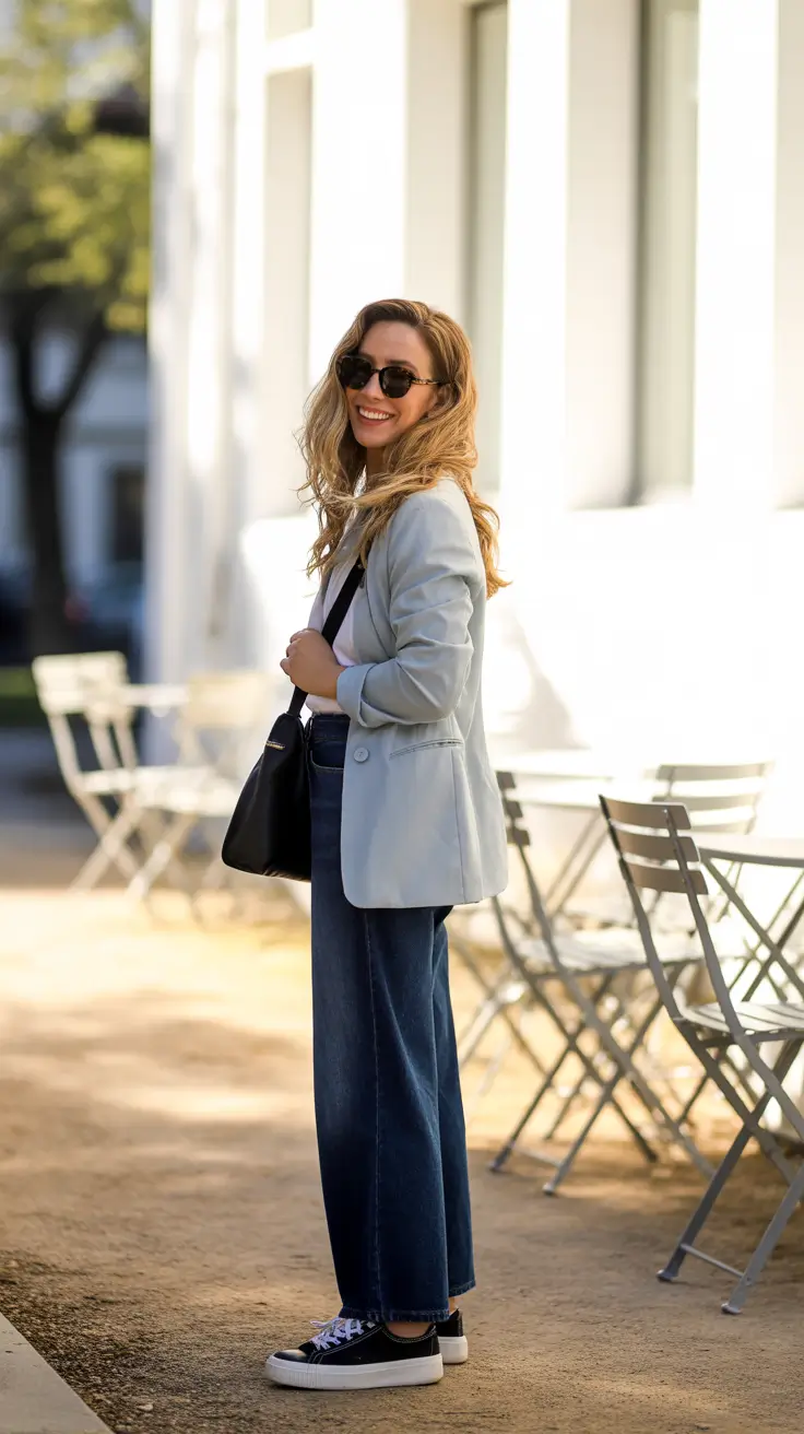 casual spring fashion outfits 2026 - Light Blue Blazer With Dark Denim And Sneakers
