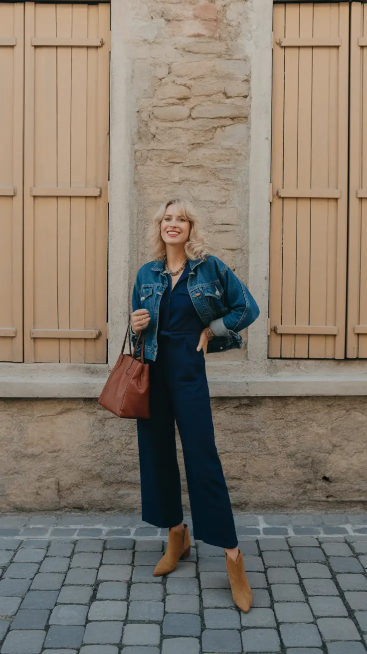 casual spring fashion outfits 2026 - Denim Jacket Over A Navy Jumpsuit For Easy Spring Errands