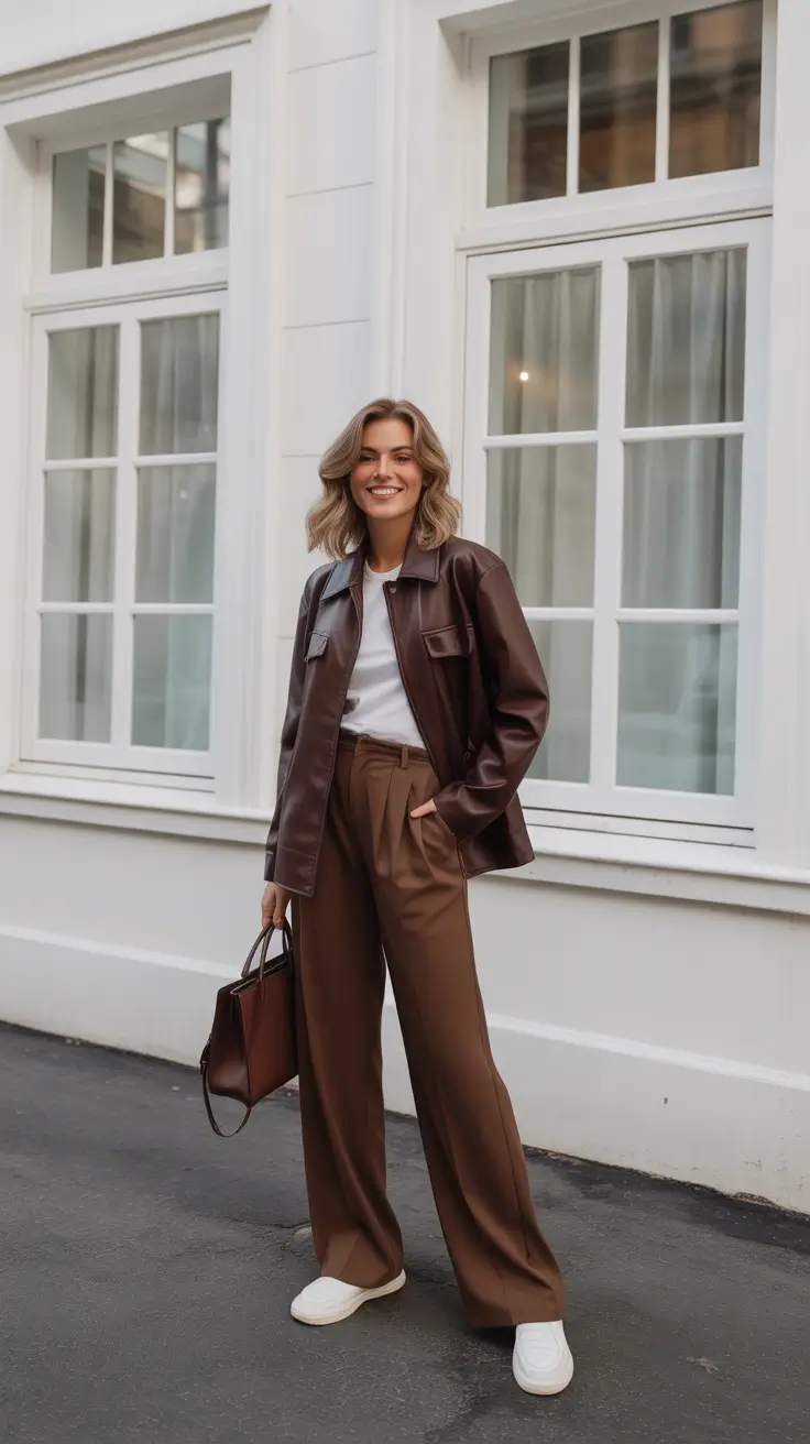 casual spring fashion outfits 2026 - Chocolate Leather Shirt Jacket And Wide Leg Trousers For Modern Neutrals