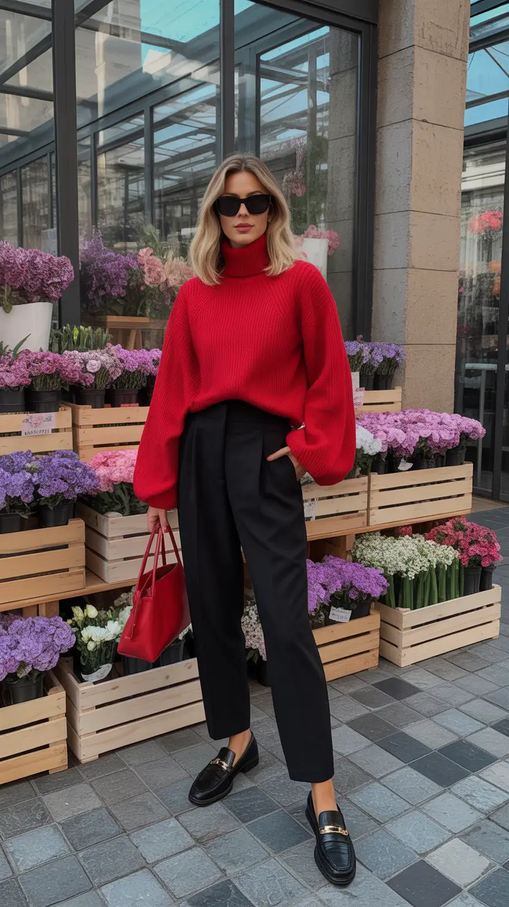 casual spring fashion outfits 2026 - Red Turtleneck Sweater With Tailored Black Trousers