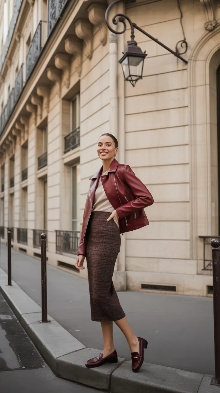 casual spring fashion outfits 2026 - Burgundy Leather Jacket With A Sleek Midi Skirt
