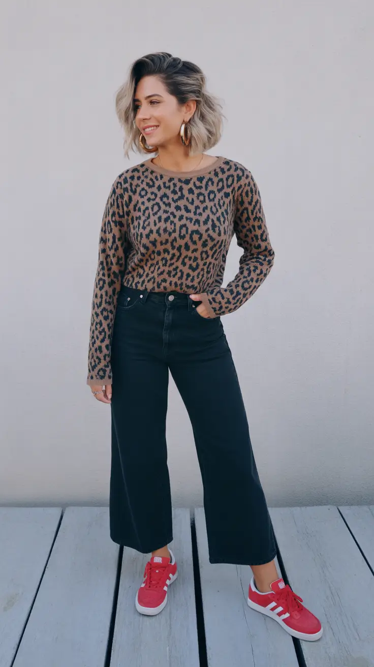 casual spring fashion outfits 2026 - Leopard Knit Top With Black Wide Leg Pants And Red Sneakers