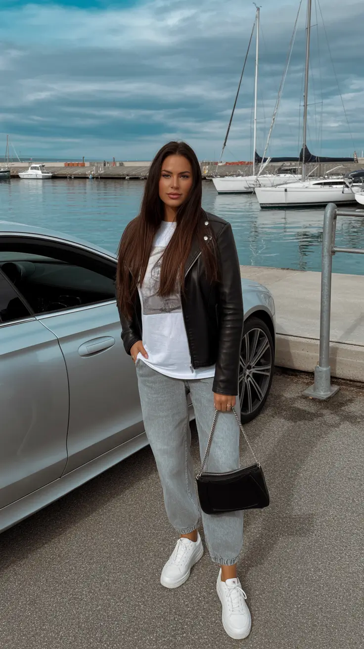 casual spring fashion outfits 2026 - Black Leather Jacket With Grey Joggers And White Sneakers
