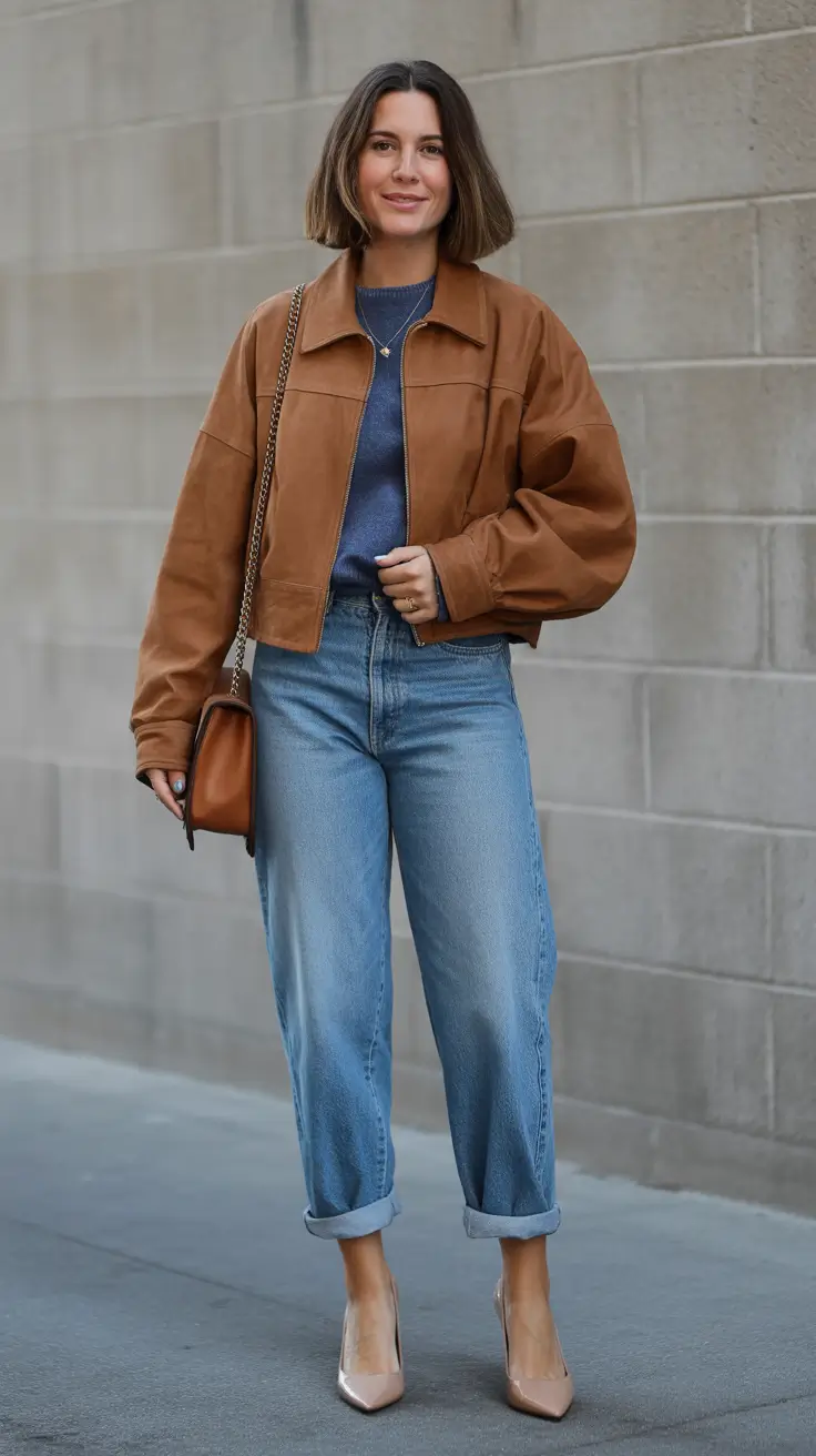 casual spring fashion outfits 2026 - Cognac Leather Jacket With Relaxed Denim