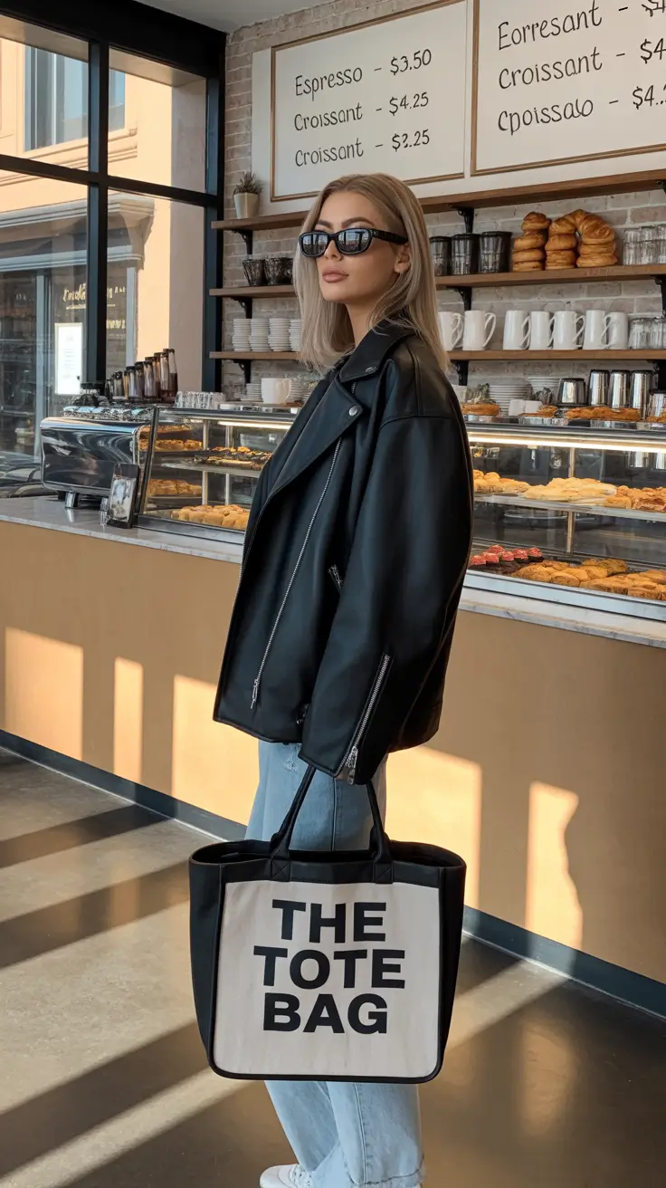 best spring leather jacket outfits for women 2026 + Oversized Black Leather And Light Denim For Coffee Runs