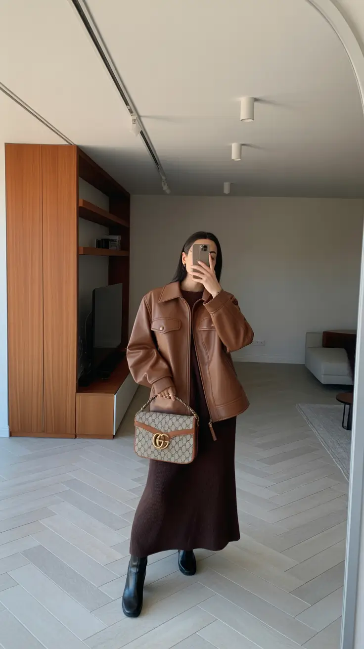 best spring leather jacket outfits for women 2026 + Brown Leather Shacket Over A Cocoa Midi Dress