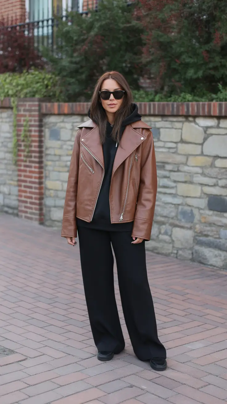 best spring leather jacket outfits for women 2026 + Brown Moto Jacket Over A Hoodie And Wide Leg Pants