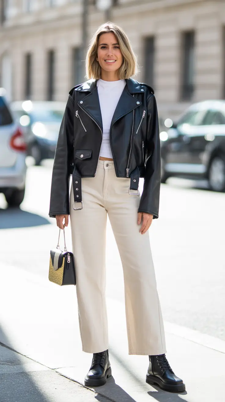 best spring leather jacket outfits for women 2026 + Black Leather Jacket And Beige Jeans For Bright Spring Mornings