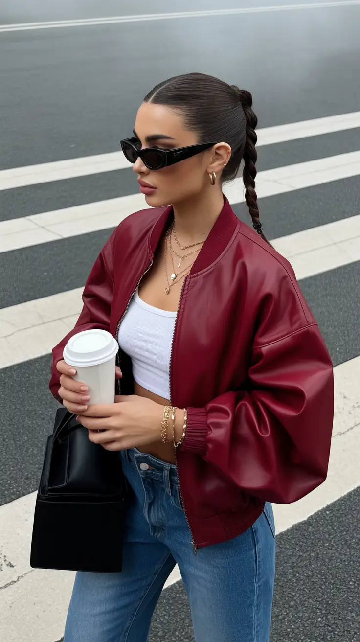 best spring leather jacket outfits for women 2026 + Red Leather Bomber With White Crop Top And Denim