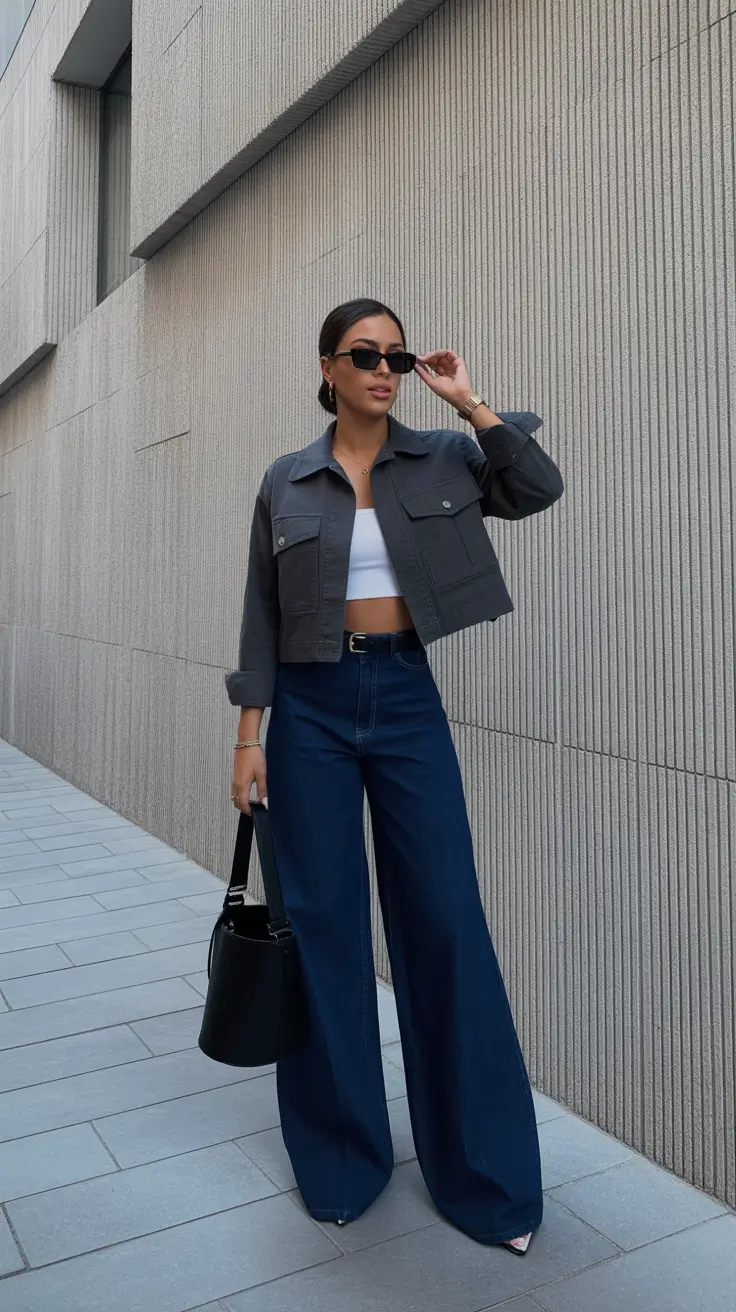 best spring leather jacket outfits for women 2026 + Charcoal Cropped Jacket With Dark Wide Leg Denim