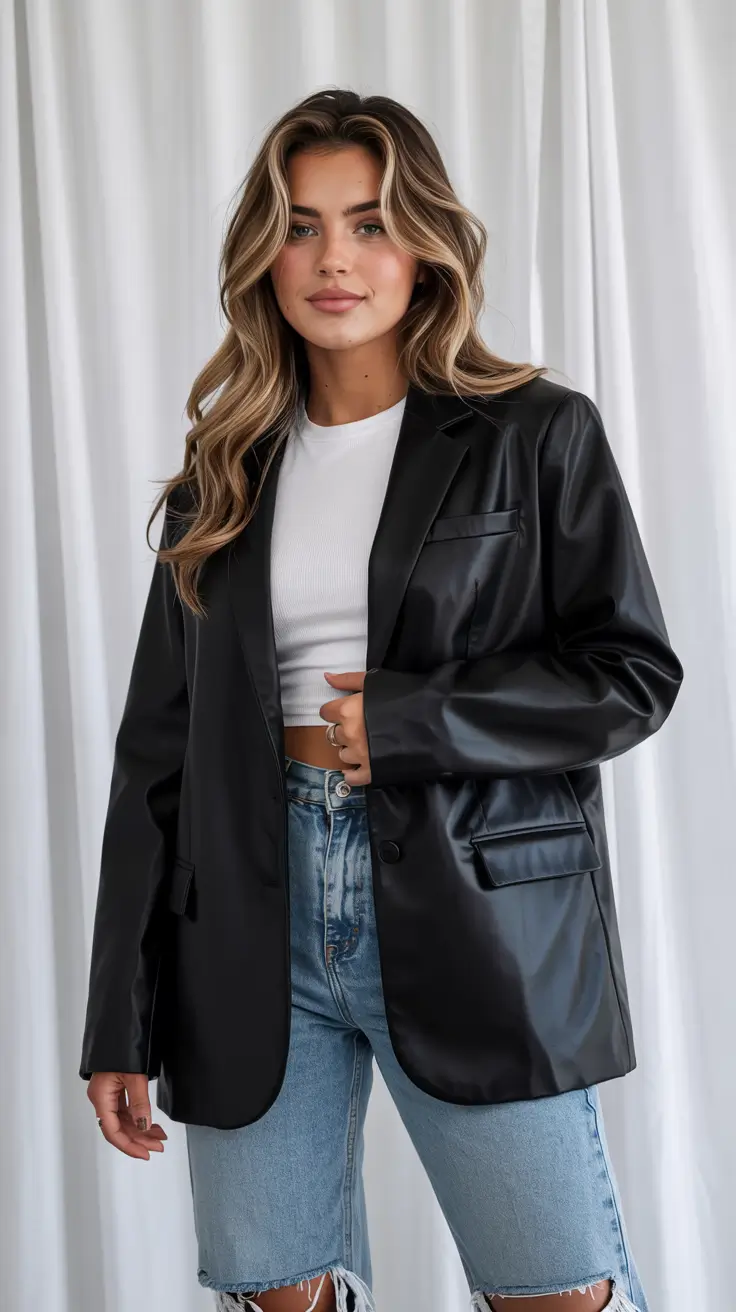 best spring leather jacket outfits for women 2026 + Black Leather Blazer With Cropped Tee And Light Denim