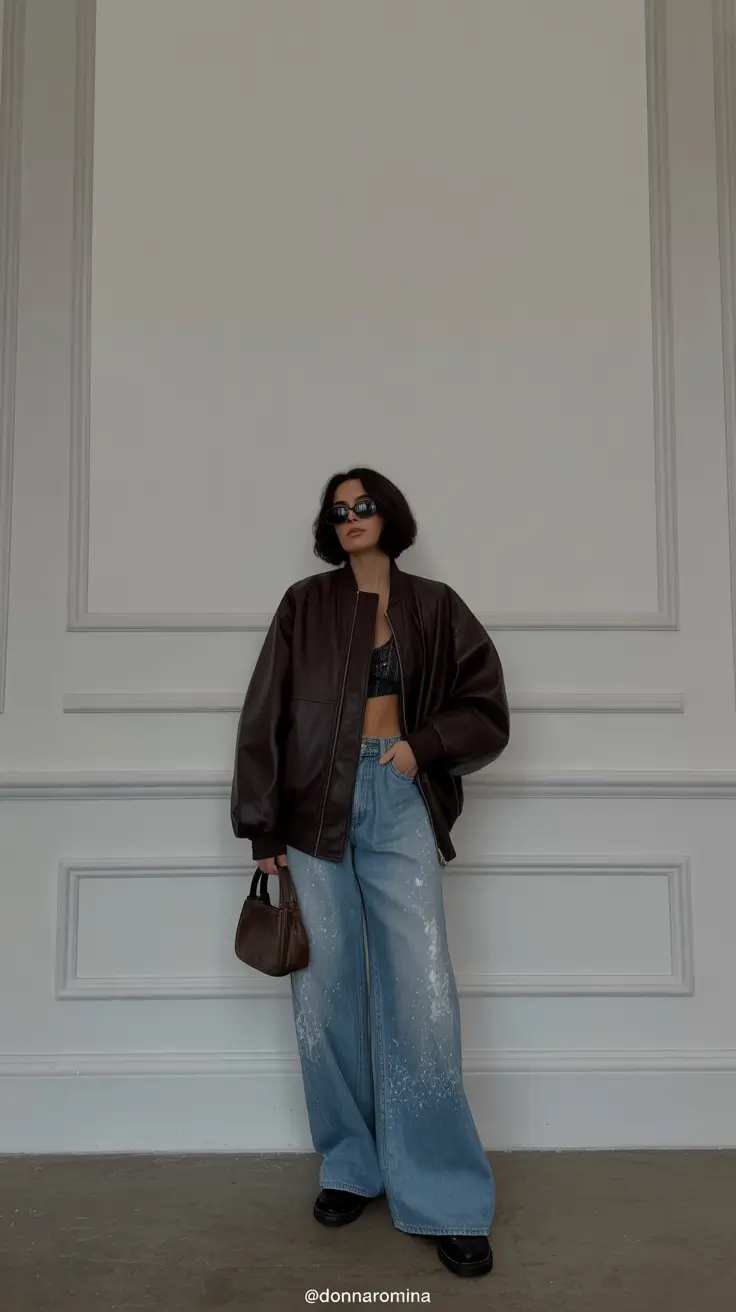 best spring leather jacket outfits for women 2026 + Chocolate Brown Bomber With Wide Leg Jeans Energy
