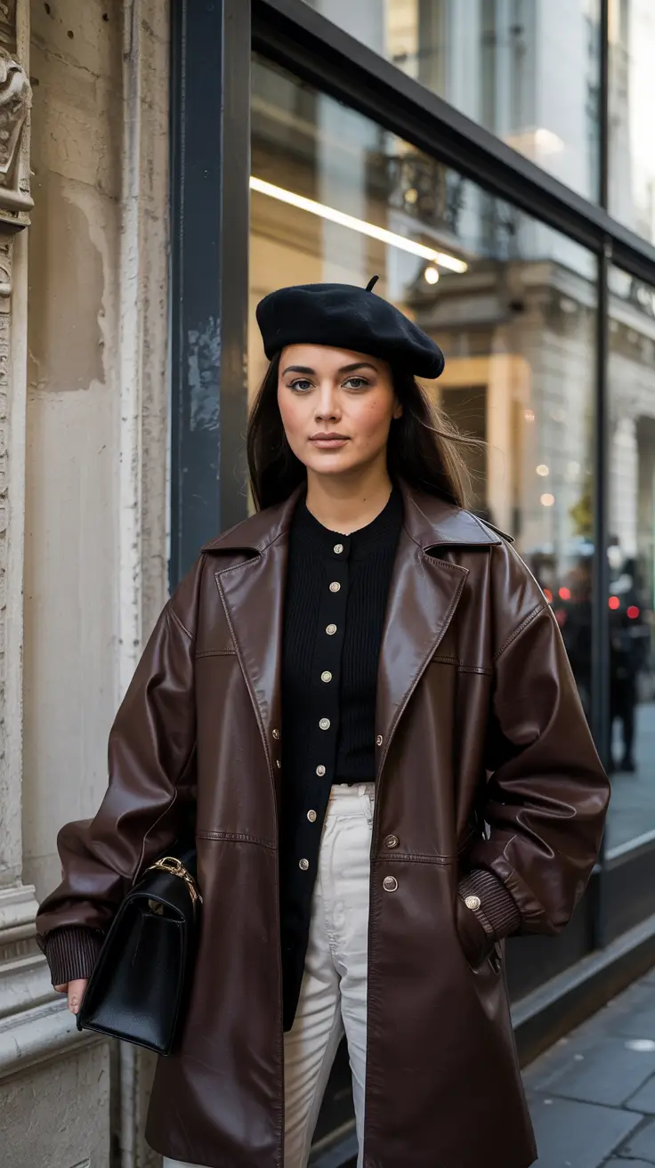 best spring leather jacket outfits for women 2026 + Long Chocolate Leather Coat With Beret And Cream Trousers