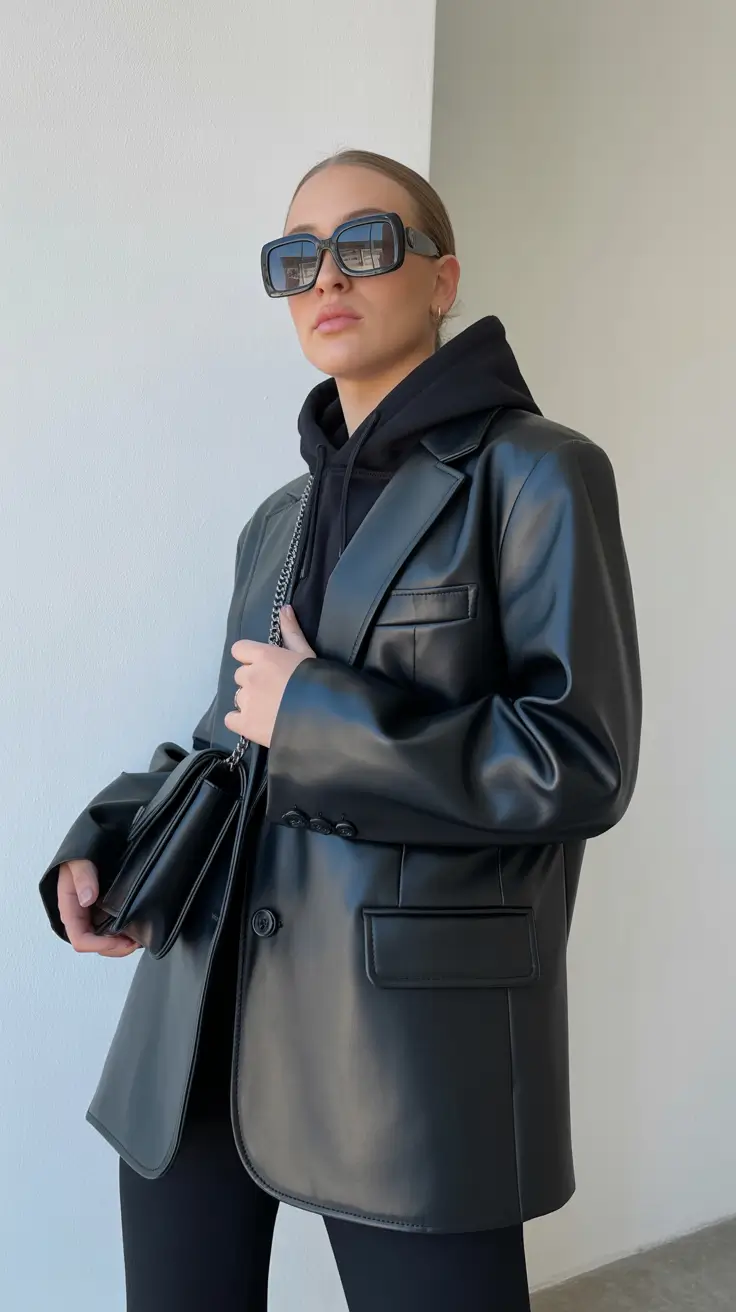 best spring leather jacket outfits for women 2026 + Leather Blazer Over A Hoodie For Cold Spring Days