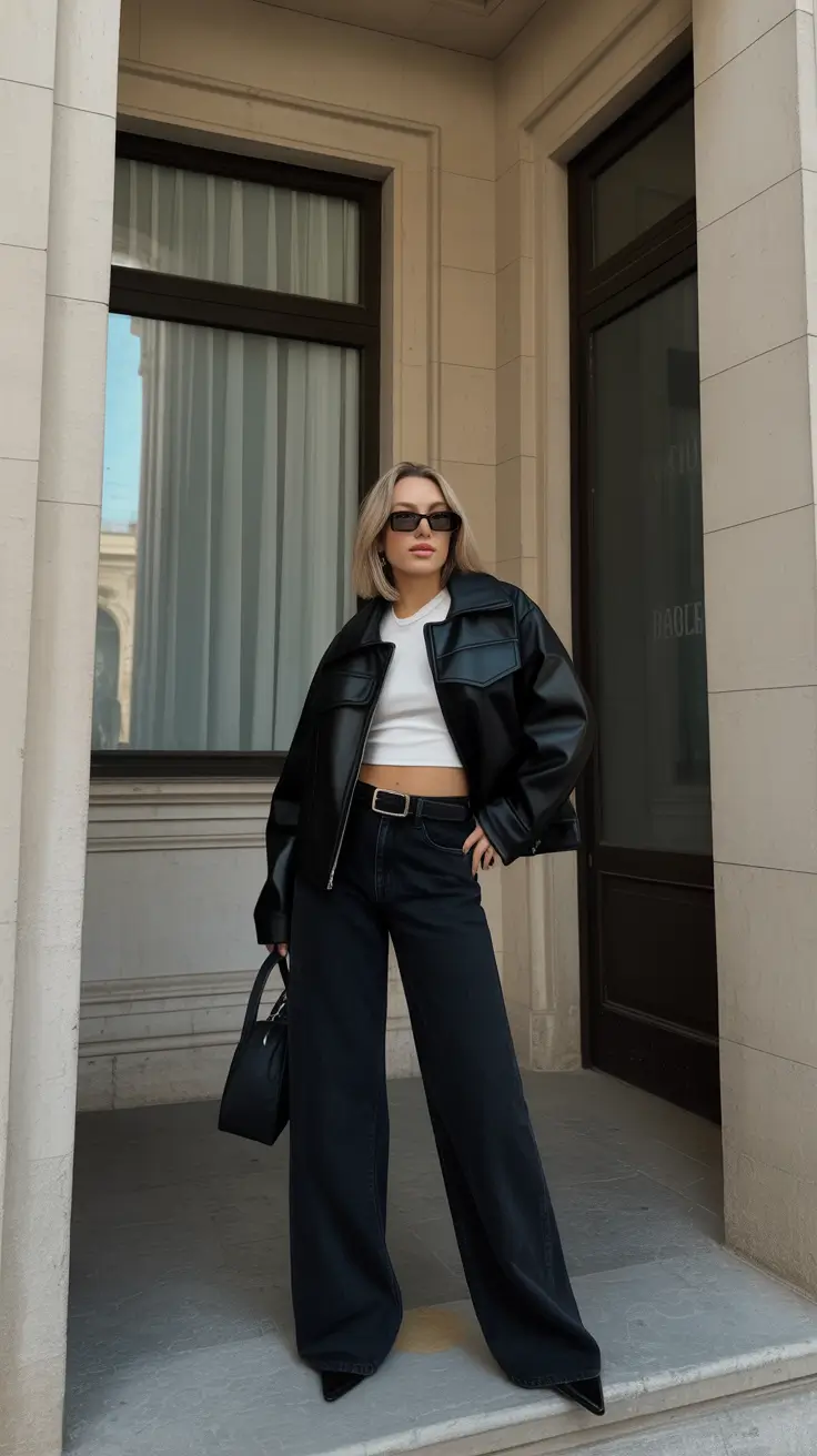 best spring leather jacket outfits for women 2026 + Oversized Black Leather Jacket With Wide-Leg Denim