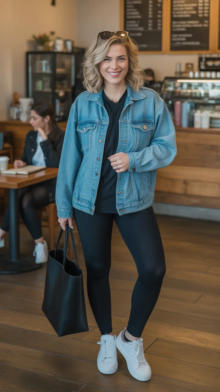 gorgeous spring mom outfits 2026 - Denim Jacket And Black Leggings For Coffee Run Comfort