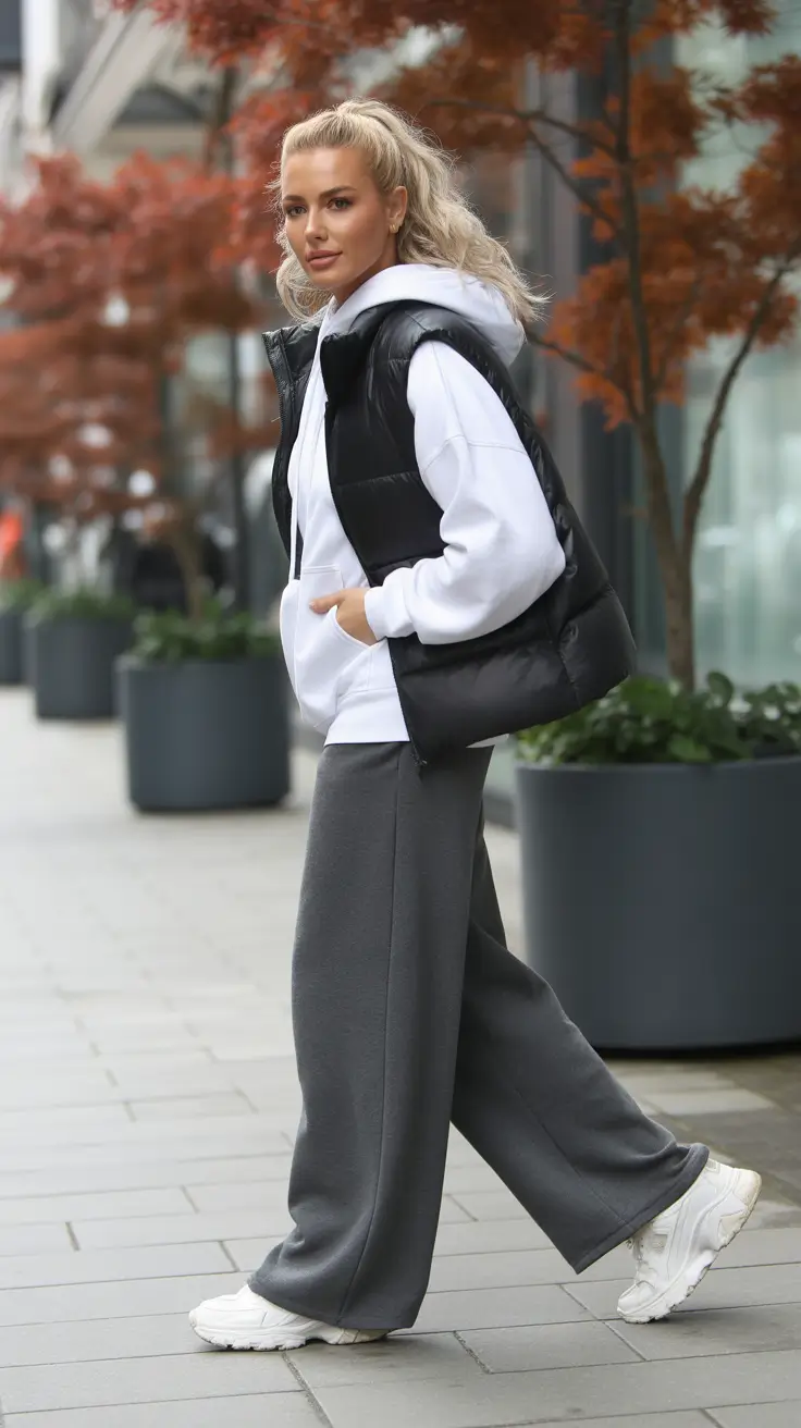 gorgeous spring mom outfits 2026 - Puffer Vest And Wide-Leg Sweatpants For Errand Sprints